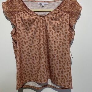DR2 Women's Butterfly Short Sleeves Ditsy Floral V-Neck Top Brown/ Tan XS NWT